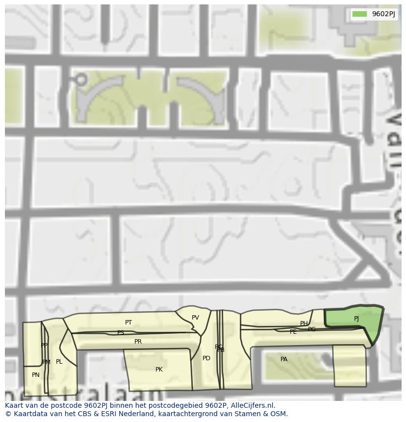 Afbeelding van het postcodegebied 9602 PJ op de kaart.