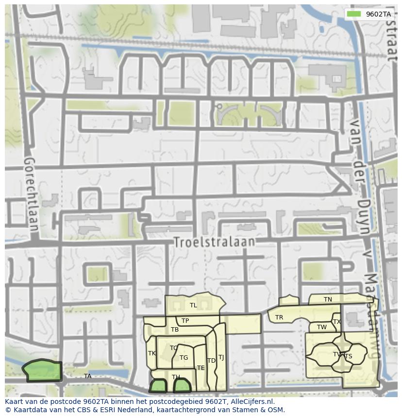 Afbeelding van het postcodegebied 9602 TA op de kaart.