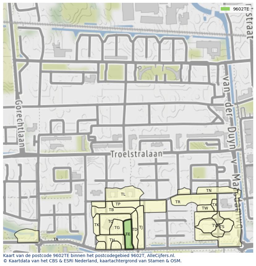 Afbeelding van het postcodegebied 9602 TE op de kaart.