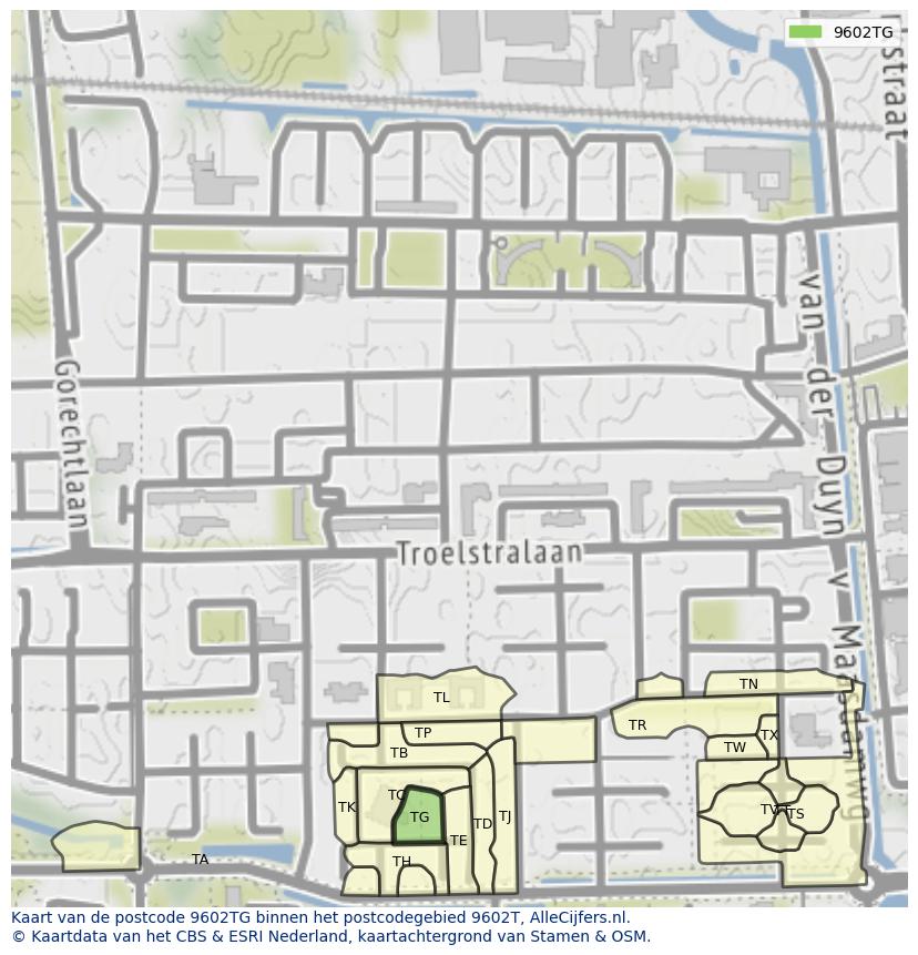 Afbeelding van het postcodegebied 9602 TG op de kaart.
