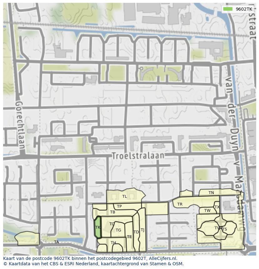 Afbeelding van het postcodegebied 9602 TK op de kaart.
