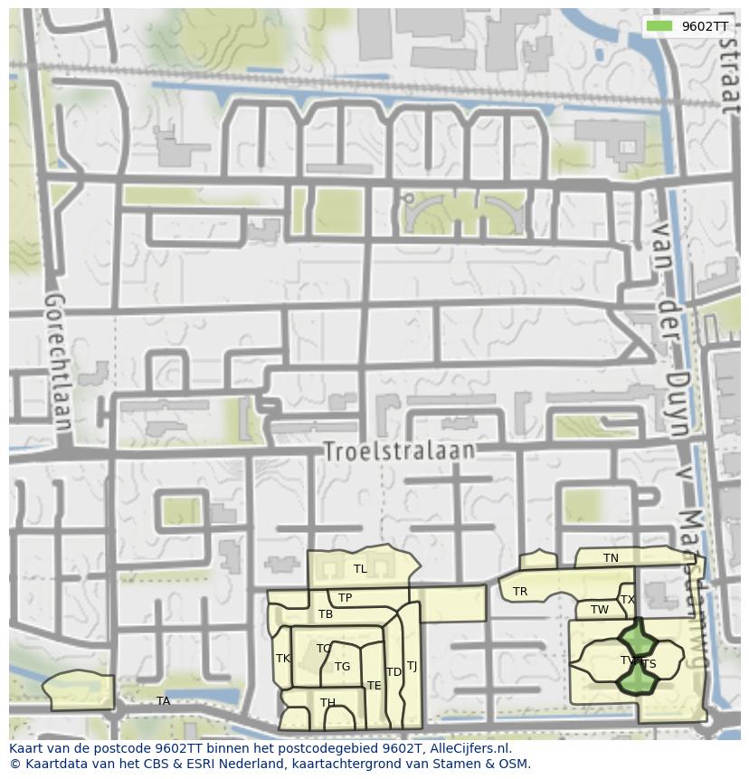 Afbeelding van het postcodegebied 9602 TT op de kaart.
