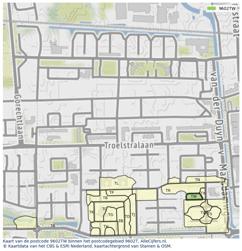 Afbeelding van het postcodegebied 9602 TW op de kaart.