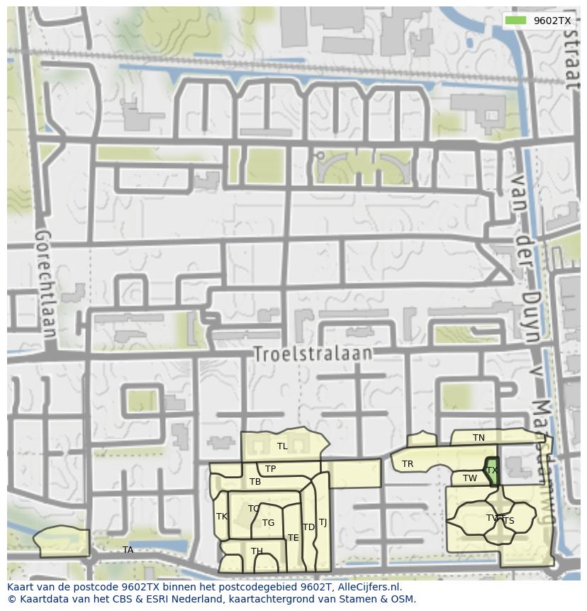 Afbeelding van het postcodegebied 9602 TX op de kaart.