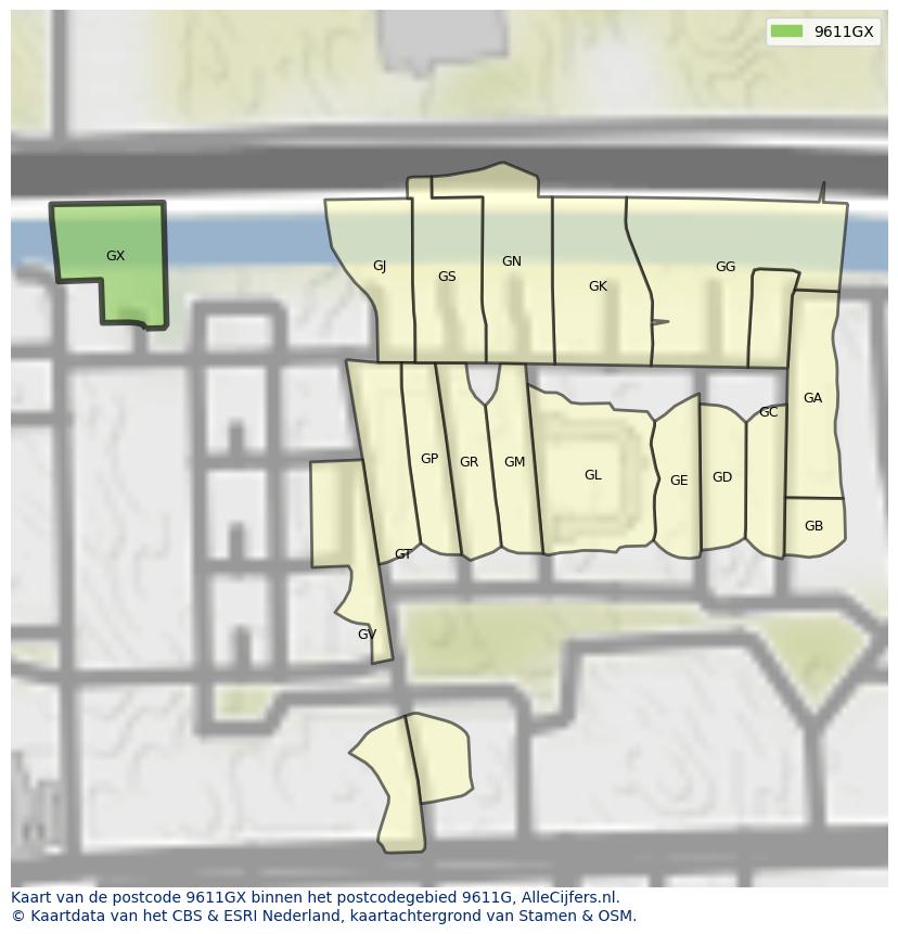 Afbeelding van het postcodegebied 9611 GX op de kaart.