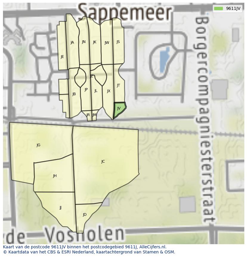 Afbeelding van het postcodegebied 9611 JV op de kaart.