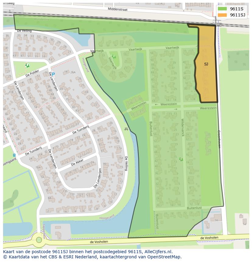 Afbeelding van het postcodegebied 9611 SJ op de kaart.