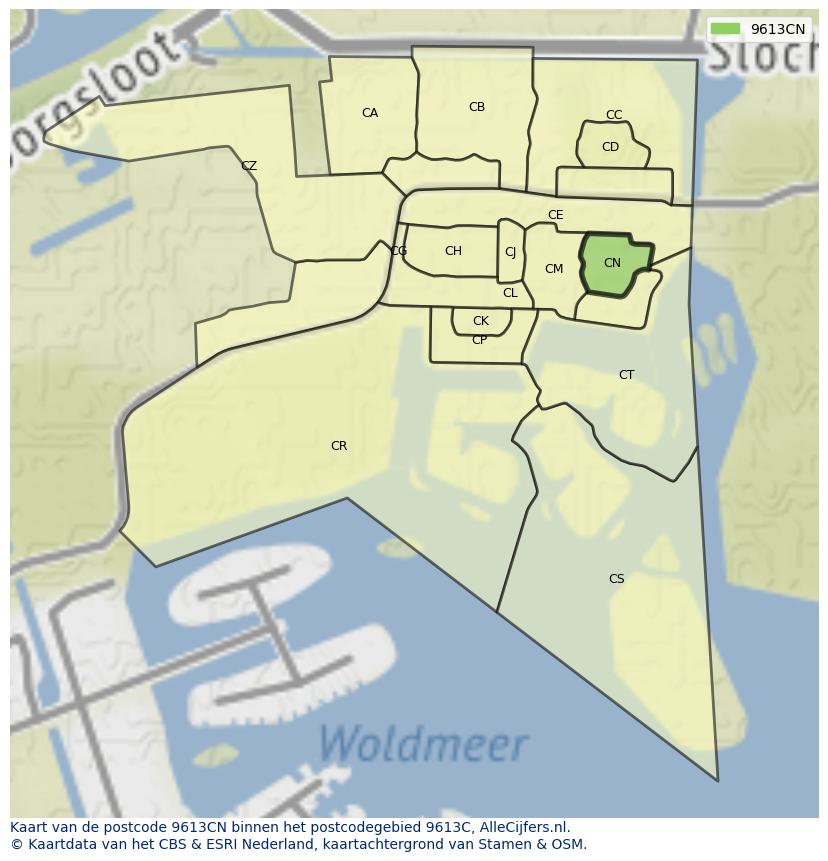 Afbeelding van het postcodegebied 9613 CN op de kaart.