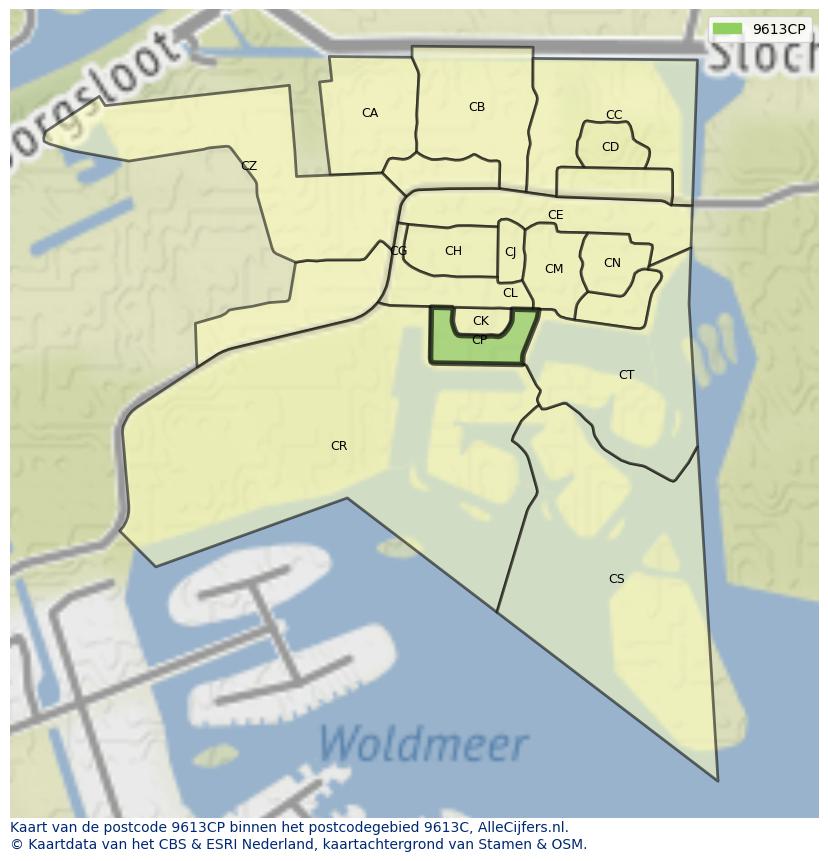 Afbeelding van het postcodegebied 9613 CP op de kaart.