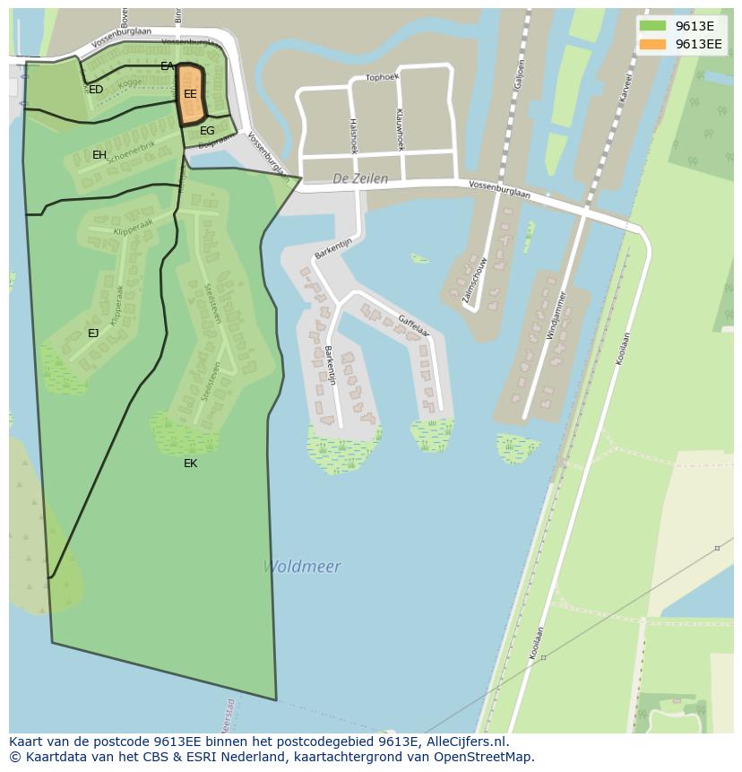 Afbeelding van het postcodegebied 9613 EE op de kaart.