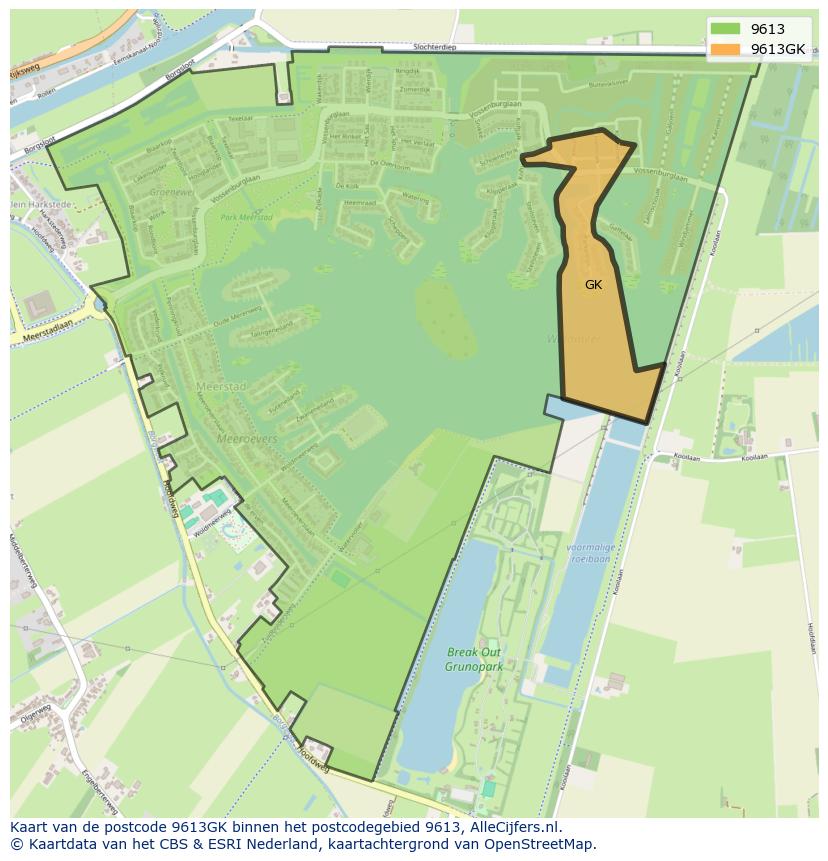 Afbeelding van het postcodegebied 9613 GK op de kaart.