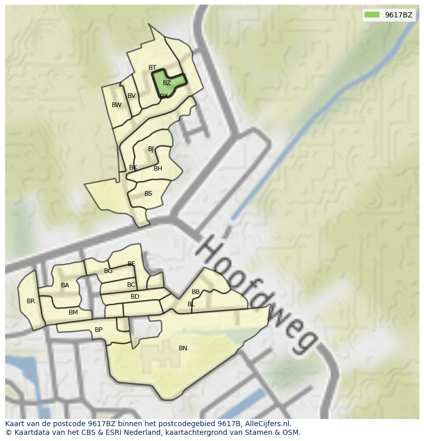 Afbeelding van het postcodegebied 9617 BZ op de kaart.