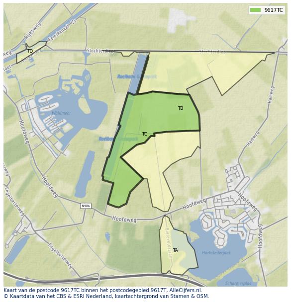 Afbeelding van het postcodegebied 9617 TC op de kaart.