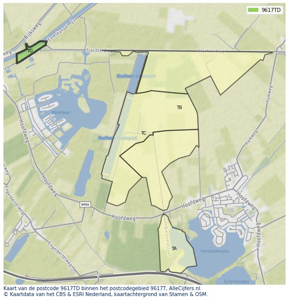 Afbeelding van het postcodegebied 9617 TD op de kaart.