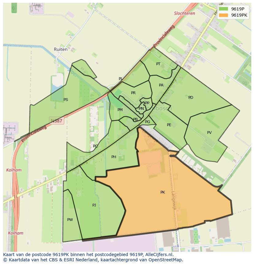 Afbeelding van het postcodegebied 9619 PK op de kaart.