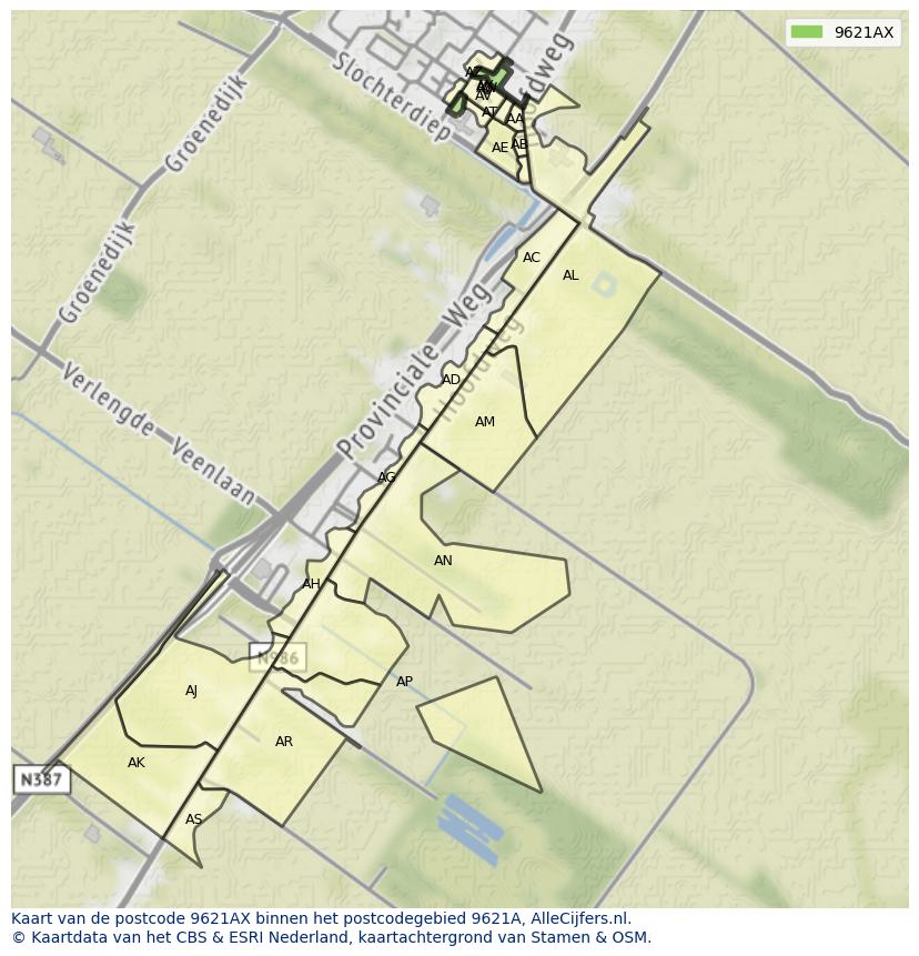 Afbeelding van het postcodegebied 9621 AX op de kaart.