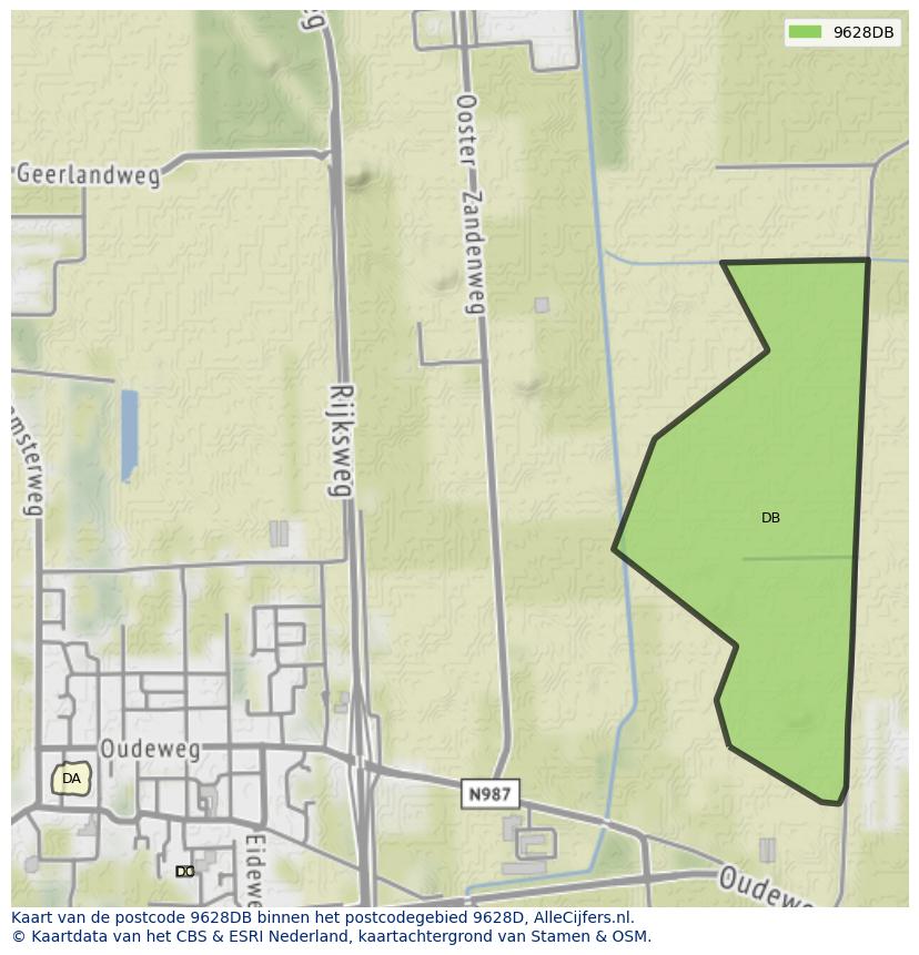 Afbeelding van het postcodegebied 9628 DB op de kaart.