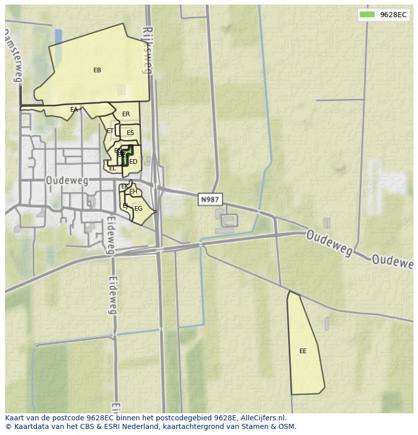 Afbeelding van het postcodegebied 9628 EC op de kaart.