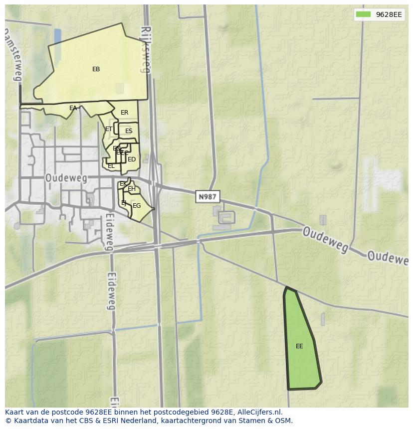 Afbeelding van het postcodegebied 9628 EE op de kaart.