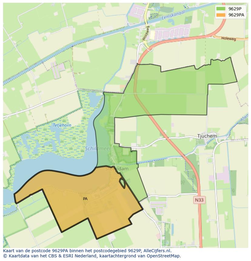 Afbeelding van het postcodegebied 9629 PA op de kaart.