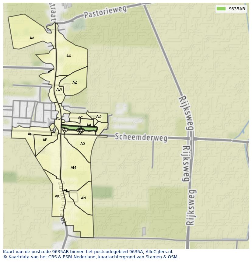 Afbeelding van het postcodegebied 9635 AB op de kaart.