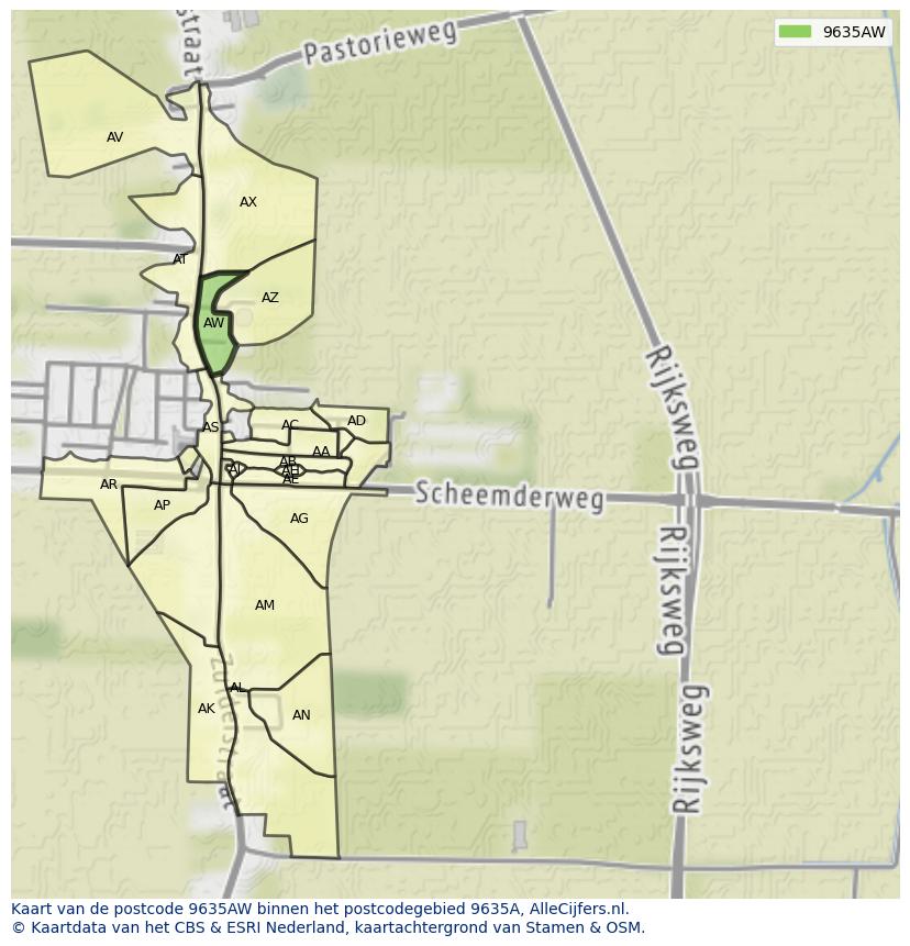 Afbeelding van het postcodegebied 9635 AW op de kaart.