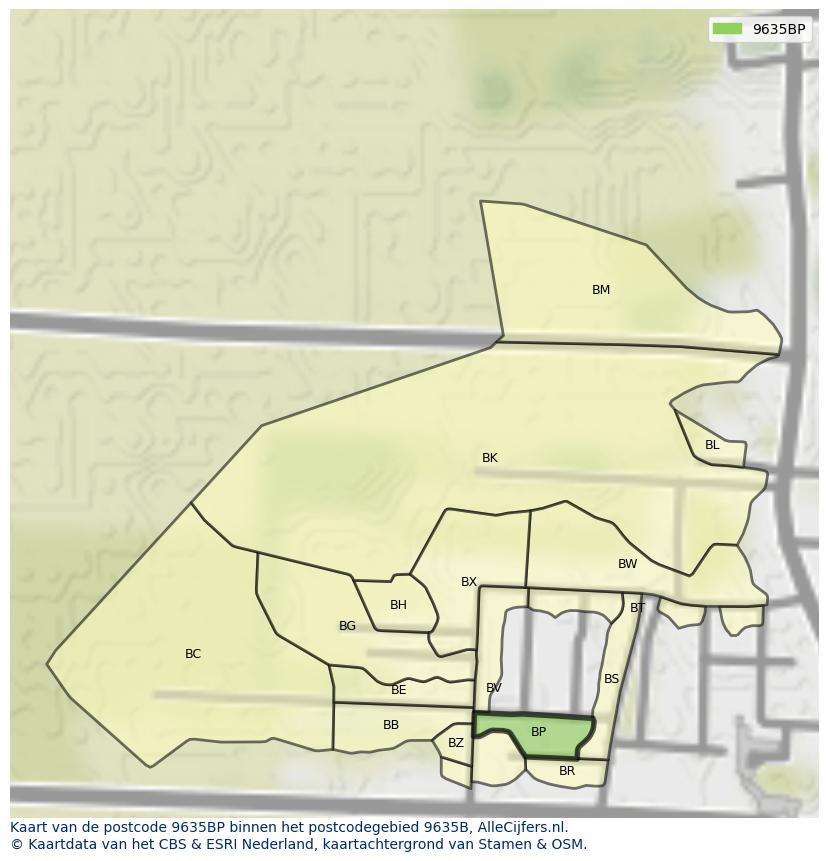Afbeelding van het postcodegebied 9635 BP op de kaart.