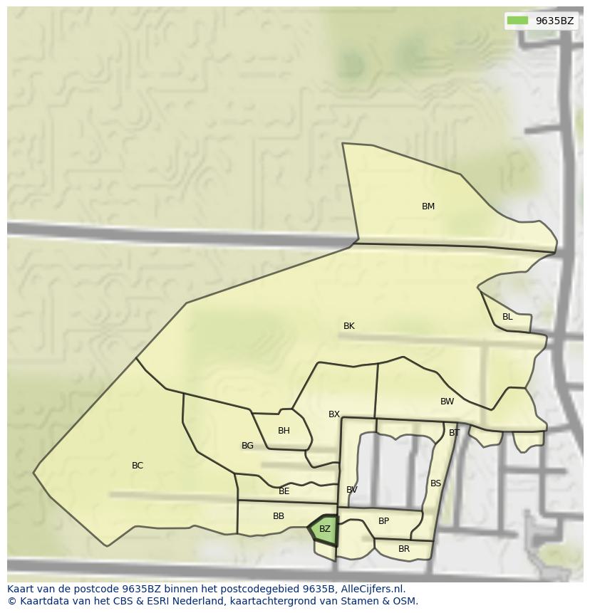 Afbeelding van het postcodegebied 9635 BZ op de kaart.