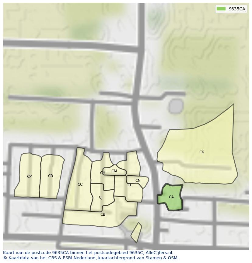 Afbeelding van het postcodegebied 9635 CA op de kaart.