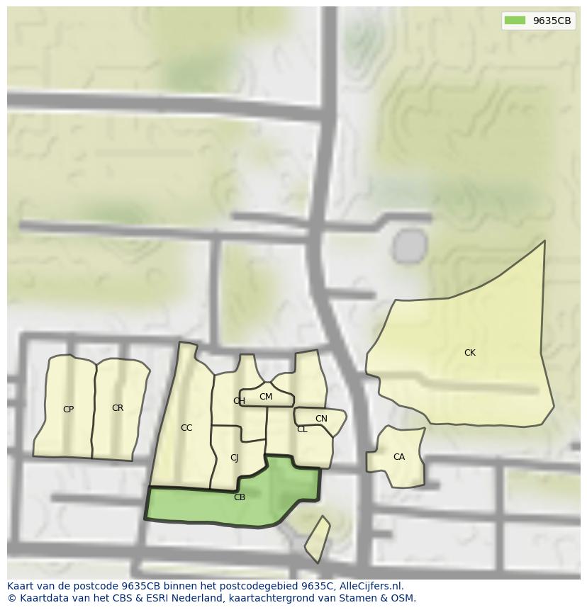 Afbeelding van het postcodegebied 9635 CB op de kaart.