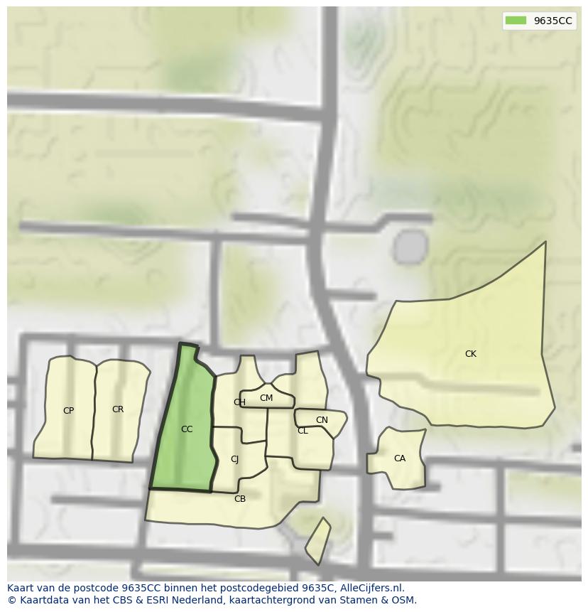 Afbeelding van het postcodegebied 9635 CC op de kaart.