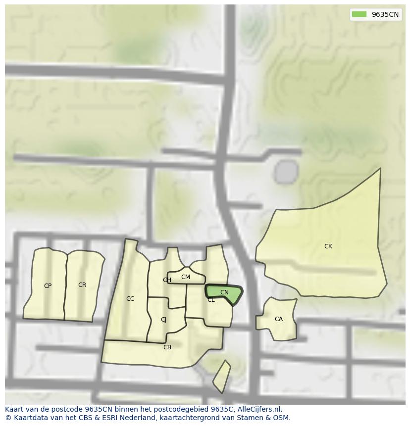 Afbeelding van het postcodegebied 9635 CN op de kaart.