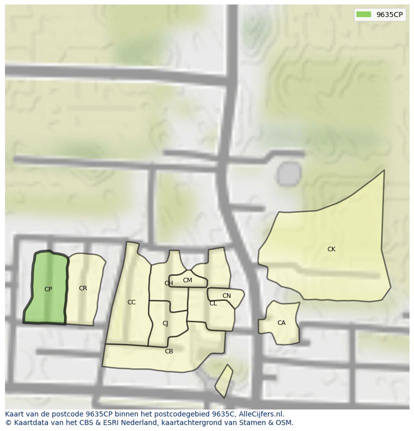 Afbeelding van het postcodegebied 9635 CP op de kaart.
