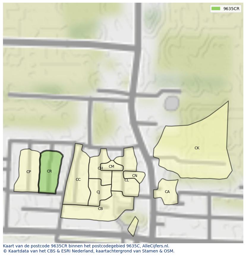 Afbeelding van het postcodegebied 9635 CR op de kaart.