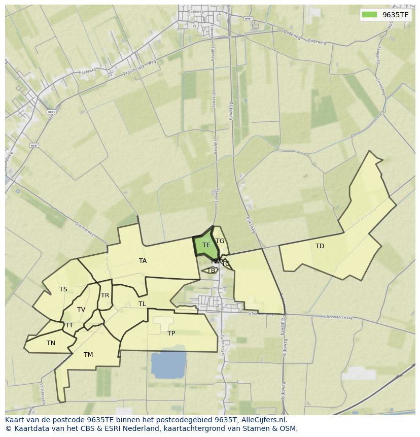 Afbeelding van het postcodegebied 9635 TE op de kaart.