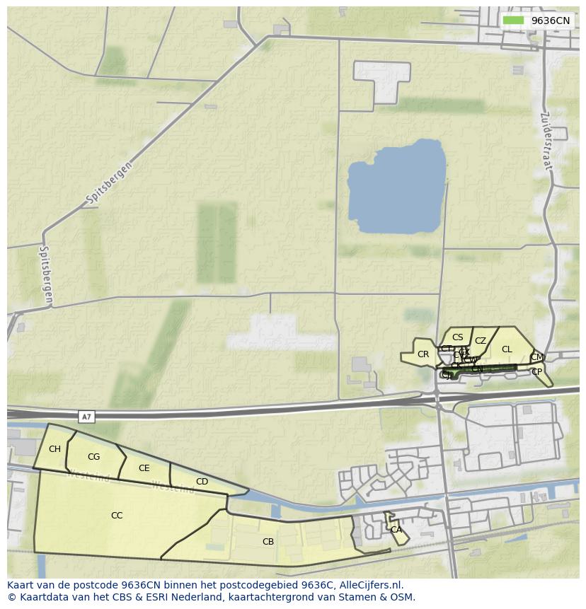 Afbeelding van het postcodegebied 9636 CN op de kaart.