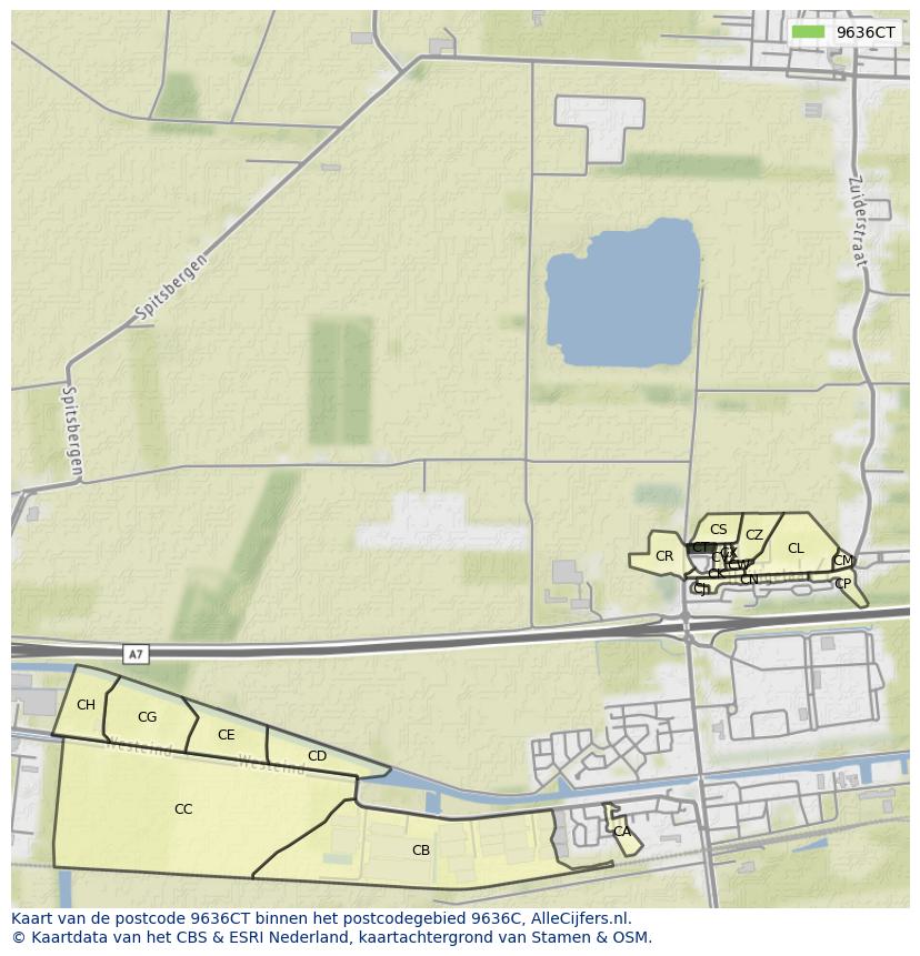 Afbeelding van het postcodegebied 9636 CT op de kaart.