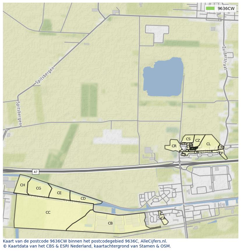Afbeelding van het postcodegebied 9636 CW op de kaart.