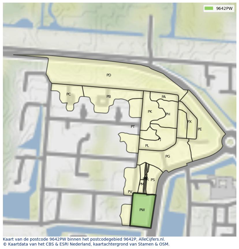 Afbeelding van het postcodegebied 9642 PW op de kaart.