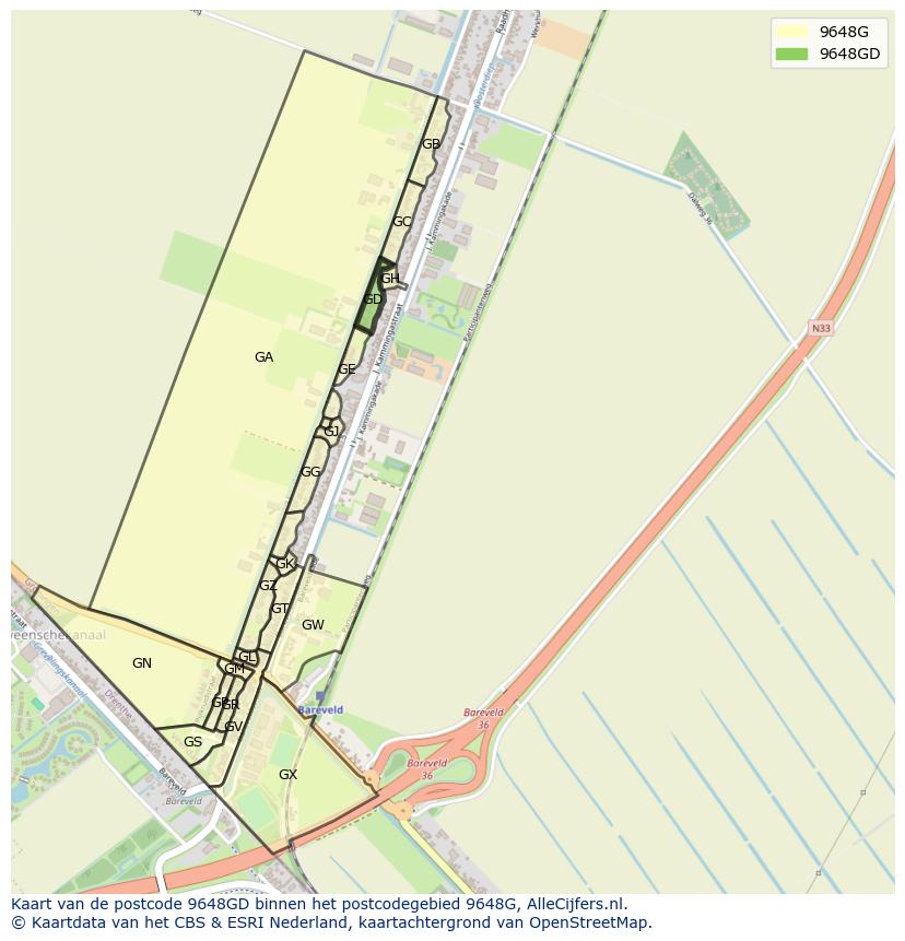 Afbeelding van het postcodegebied 9648 GD op de kaart.