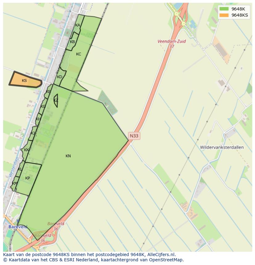 Afbeelding van het postcodegebied 9648 KS op de kaart.