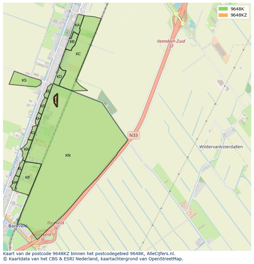 Afbeelding van het postcodegebied 9648 KZ op de kaart.
