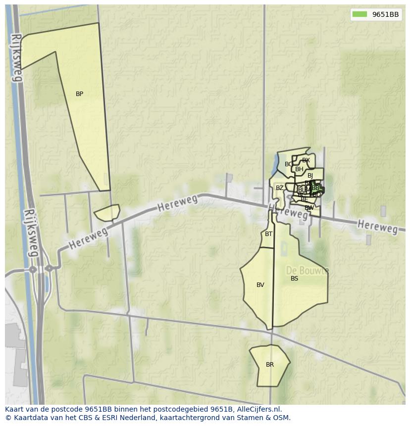 Afbeelding van het postcodegebied 9651 BB op de kaart.
