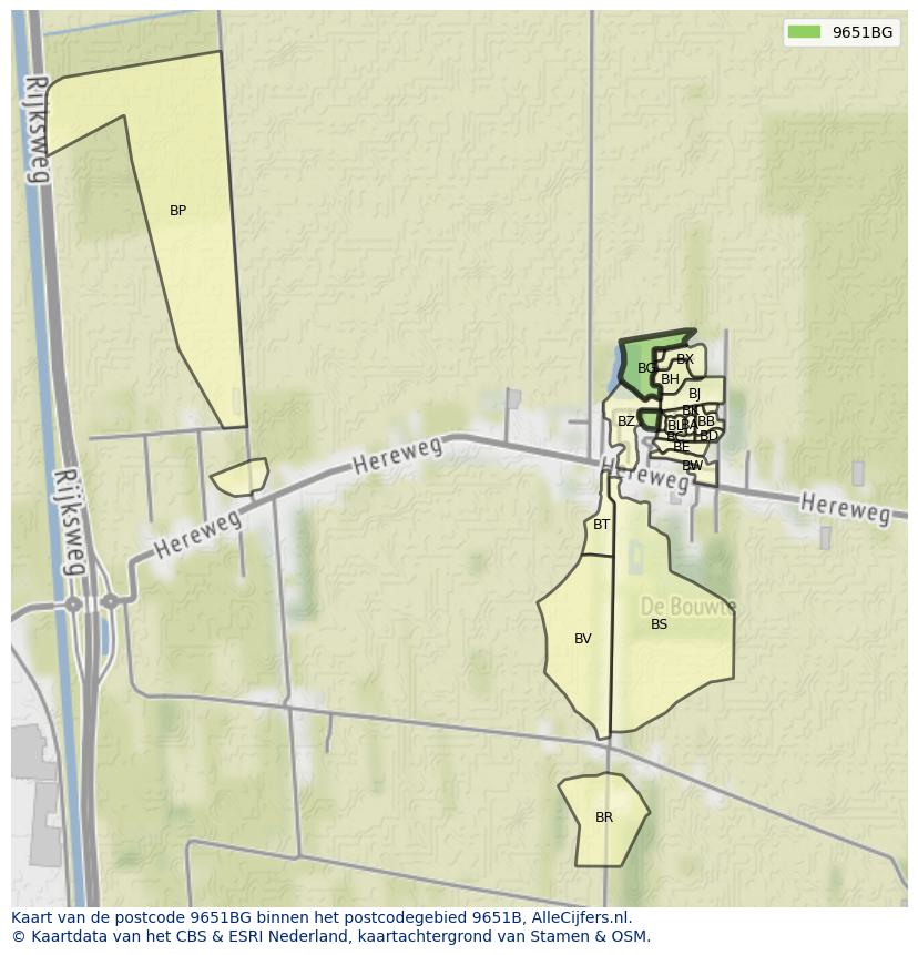Afbeelding van het postcodegebied 9651 BG op de kaart.