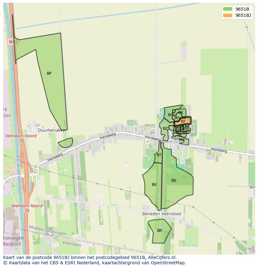 Afbeelding van het postcodegebied 9651 BJ op de kaart.