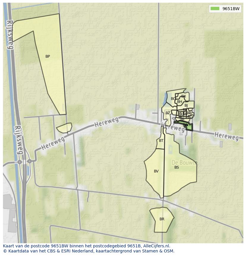 Afbeelding van het postcodegebied 9651 BW op de kaart.
