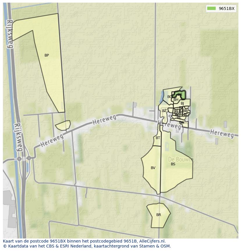 Afbeelding van het postcodegebied 9651 BX op de kaart.