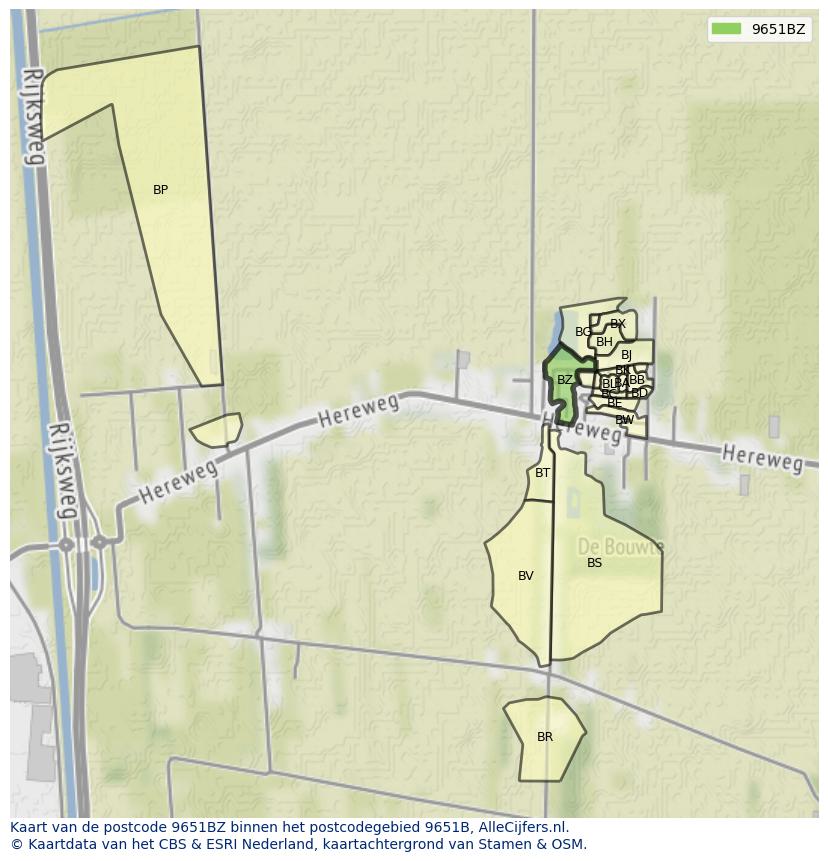 Afbeelding van het postcodegebied 9651 BZ op de kaart.