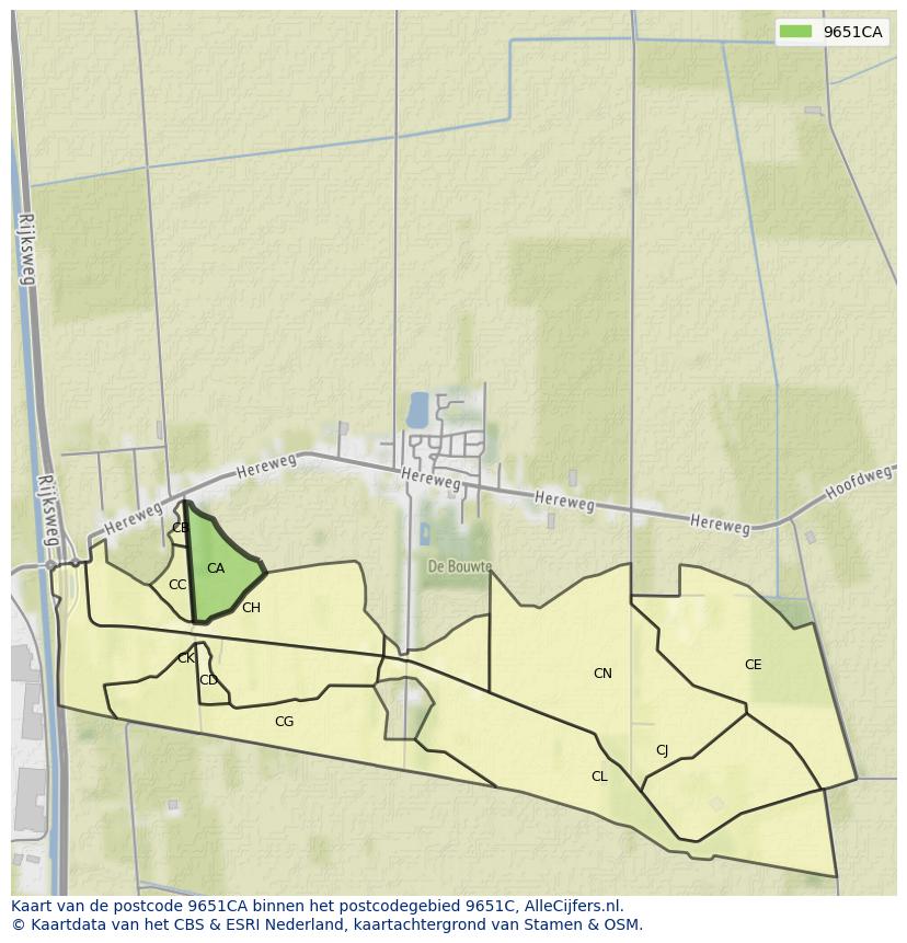 Afbeelding van het postcodegebied 9651 CA op de kaart.