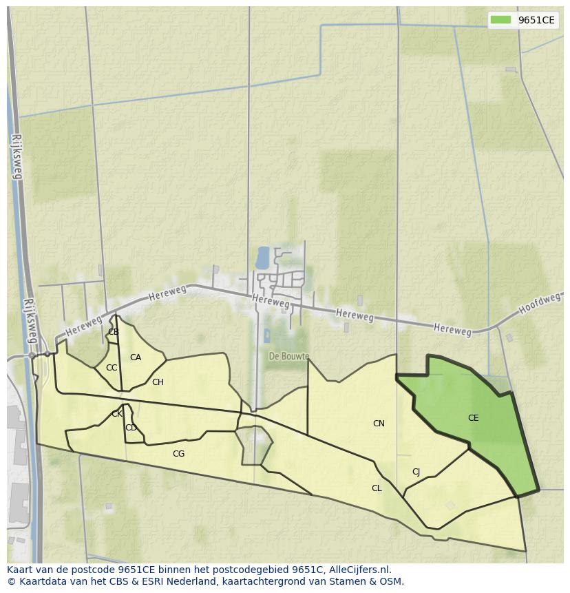 Afbeelding van het postcodegebied 9651 CE op de kaart.
